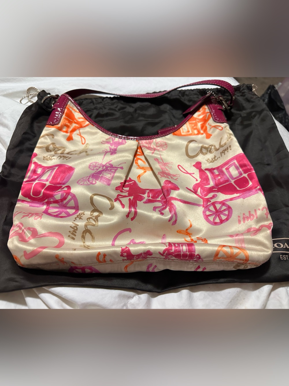 Coach Cream Shoulder Bag with Pink & Orange Carriage Print and Magenta Trim